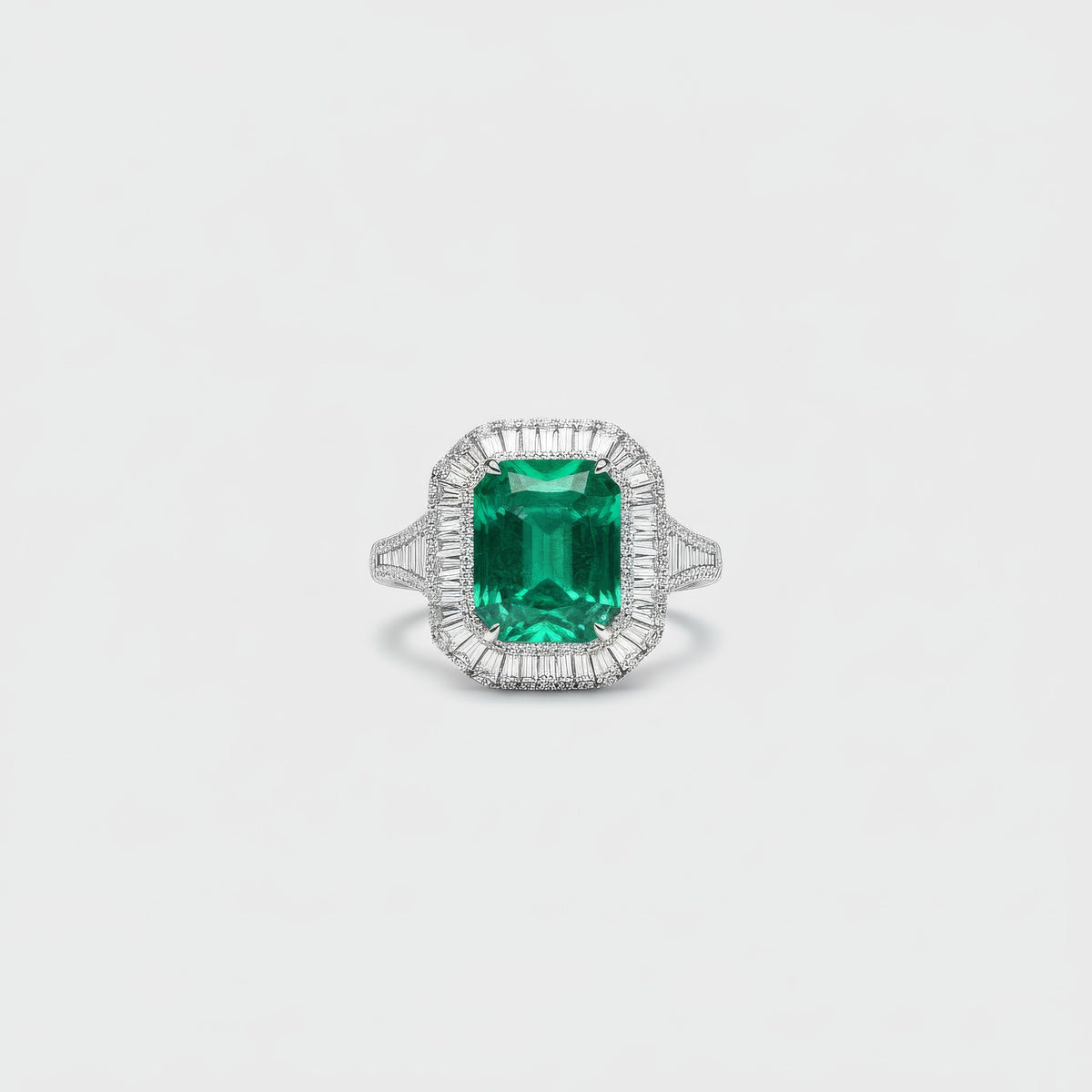 Anillo Emerald Baguette 3CT en oro 18k, vista frontal