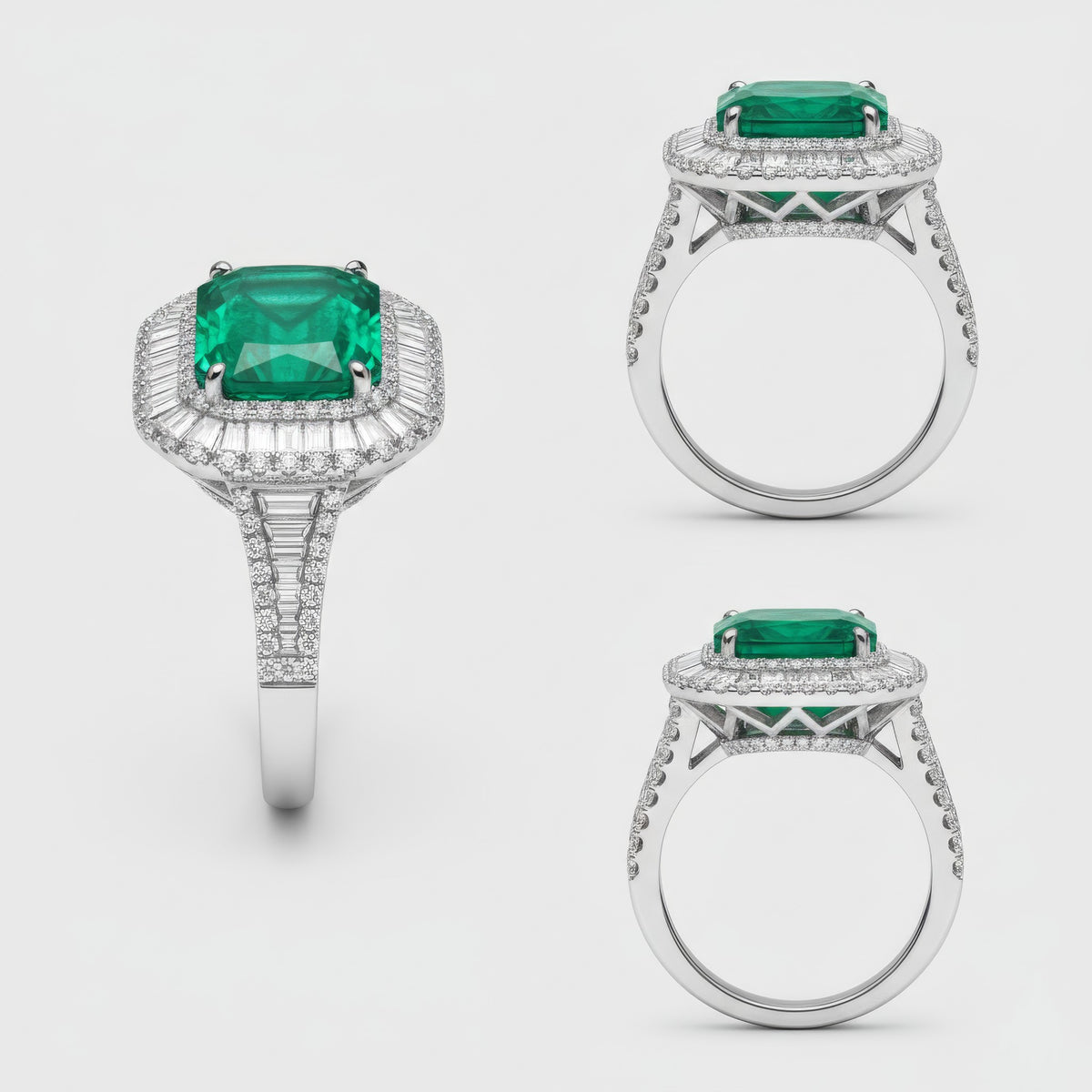 Anillo Emerald Baguette desde varios ángulos