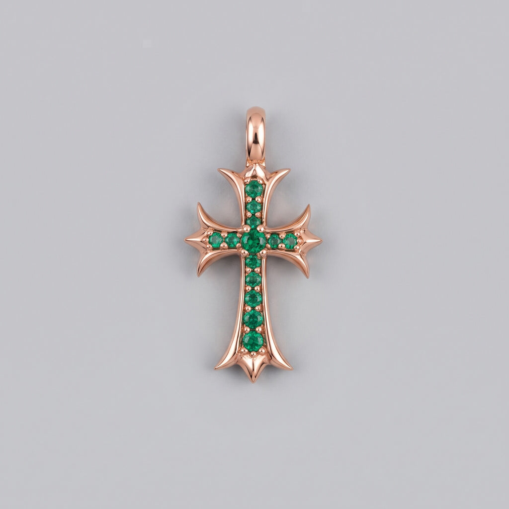 Cruz Gótica con Esmeraldas en oro rosa 18k