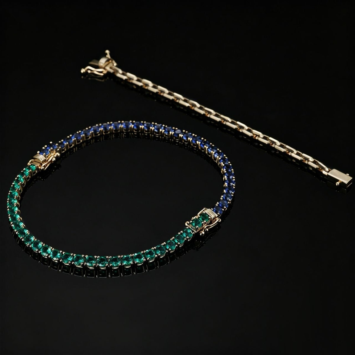 Brazalete Tennis Esmeralda y Zafiro con cadena